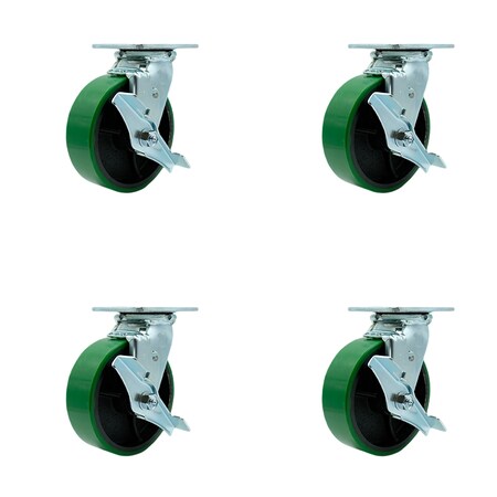 Service Caster 6 Inch Green Poly on Cast Iron Swivel Caster Set with Roller Bearings and Brakes SCC-30CS620-PUR-GB-TLB-4